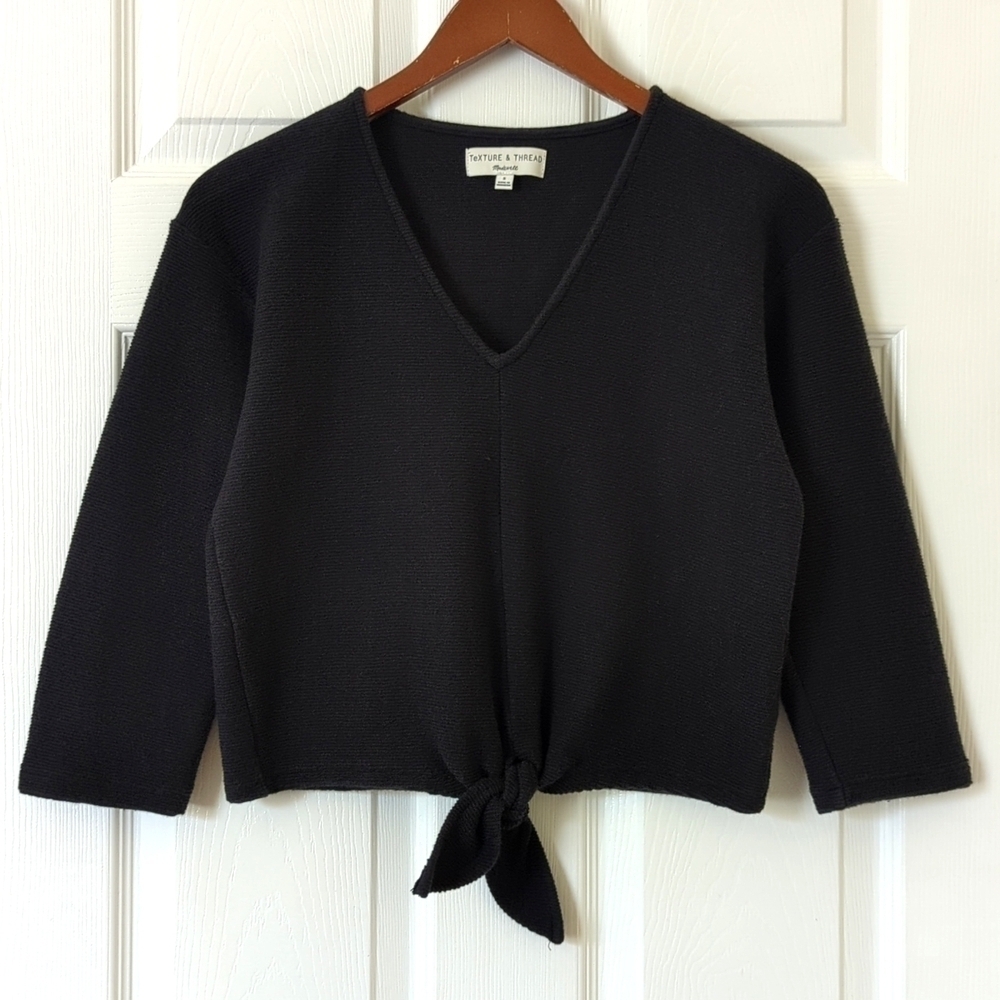Madewell Texture & Thread Ribbed Knit Quarter Sleeve V-neck Tie Front Top Black